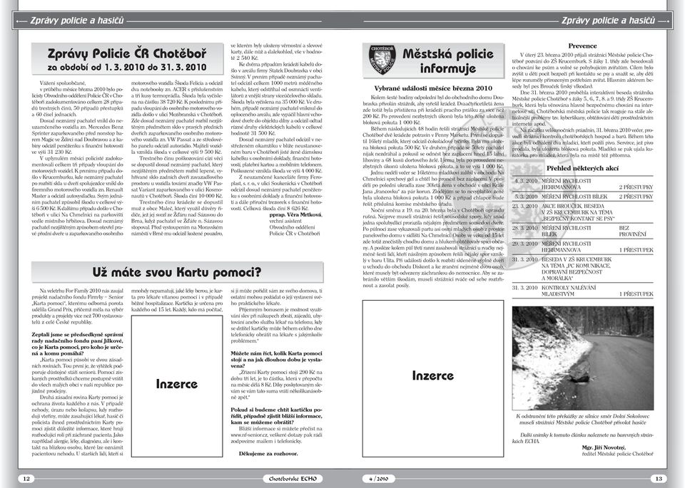 . 3. 2010 Vážení spoluobčané, v průběhu měsíce března 2010 bylo policisty Obvodního oddělení Policie ČR v Chotěboři zadokumentováno celkem 28 případů trestných činů, 50 případů přestupků a 60 čísel