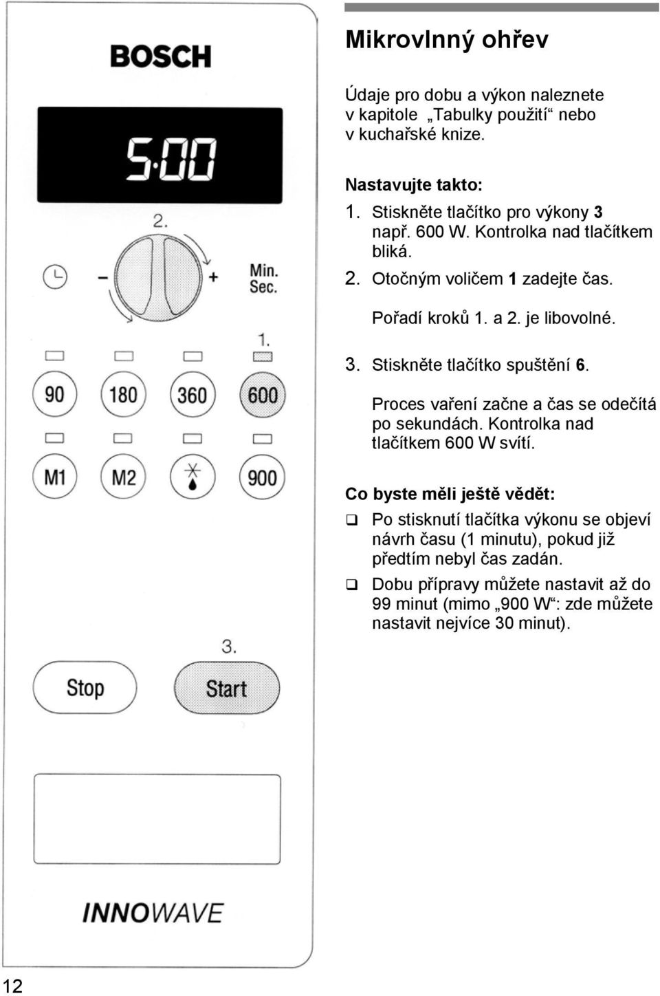 Proces vaření začne a čas se odečítá po sekundách. Kontrolka nad tlačítkem 600 W svítí.