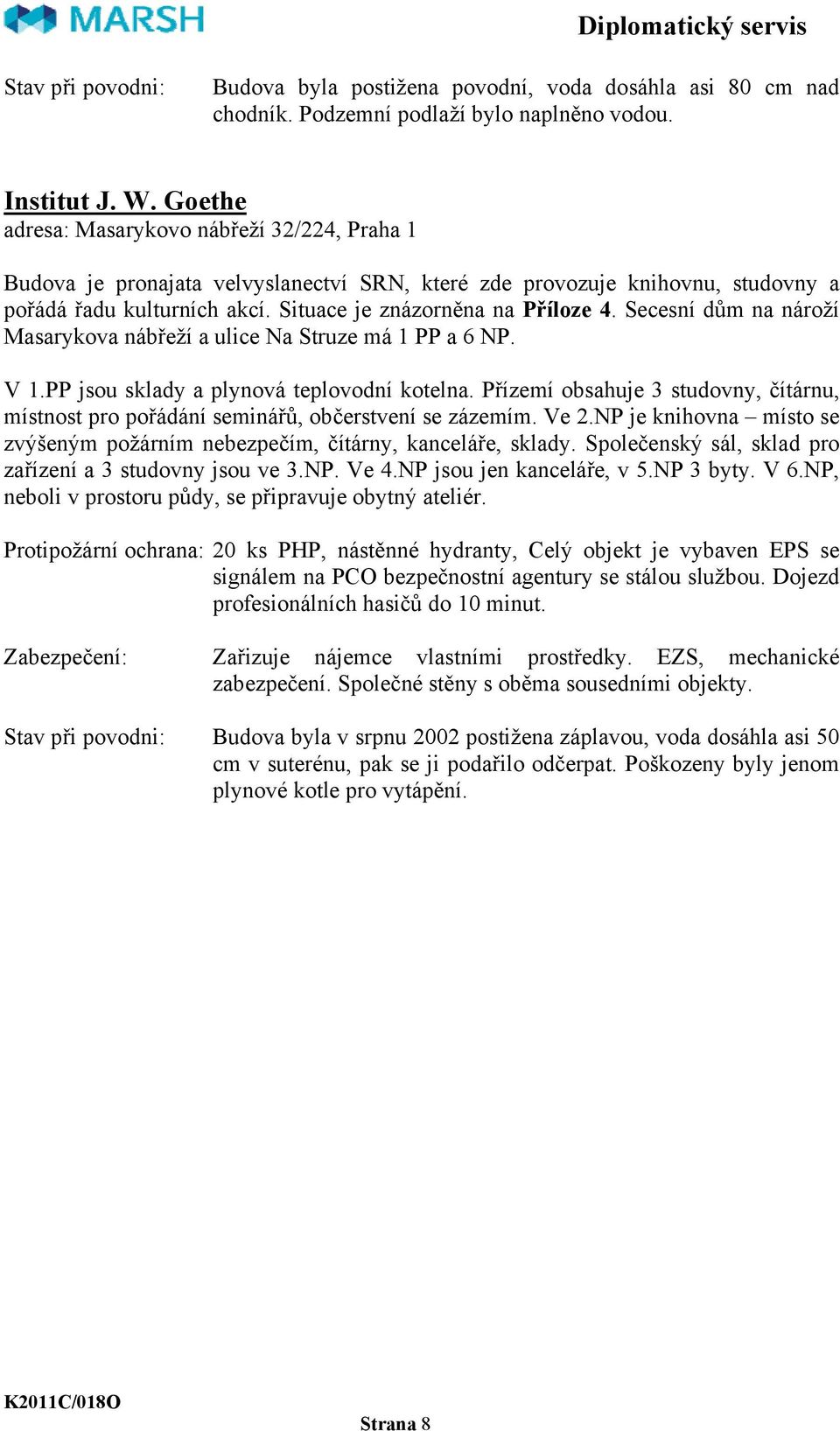 Secesní dům na nároží Masarykova nábřeží a ulice Na Struze má 1 PP a 6 NP. V 1.PP jsou sklady a plynová teplovodní kotelna.