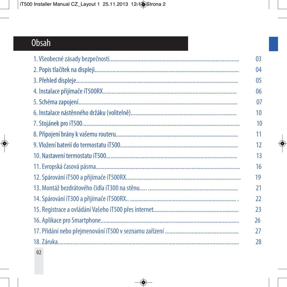 Vložení baterií do termostatu it500... 12 10. Nastavení termostatu it500... 13 11. Evropská časová pásma... 16 12. Spárování it500 a přijímače it500rx... 19 13.