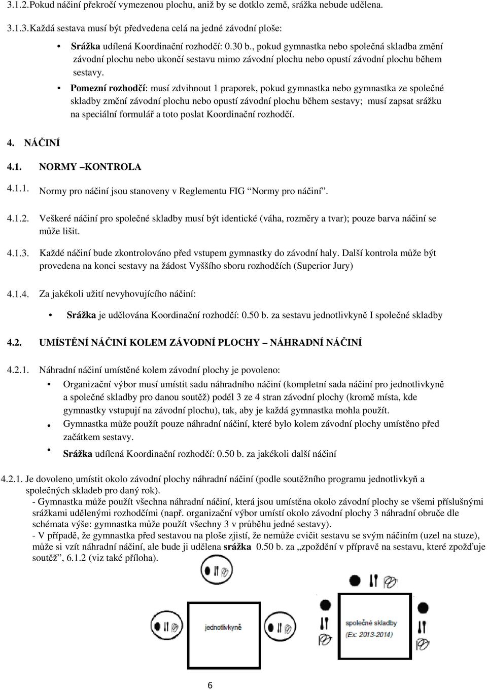 Pomezní rozhodčí: musí zdvihnout 1 praporek, pokud gymnastka nebo gymnastka ze společné skladby změní závodní plochu nebo opustí závodní plochu během sestavy; musí zapsat srážku na speciální formulář