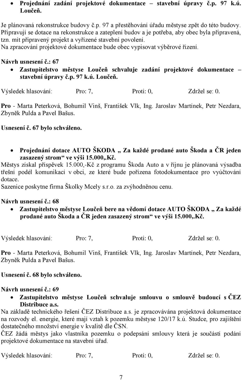 Na zpracování projektové dokumentace bude obec vypisovat výběrové řízení. Návrh usnesení č.: 67 Zastupitelstvo městyse Loučeň schvaluje zadání projektové dokumentace stavební úpravy č.p. 97 k.ú. Loučeň. Usnesení č.