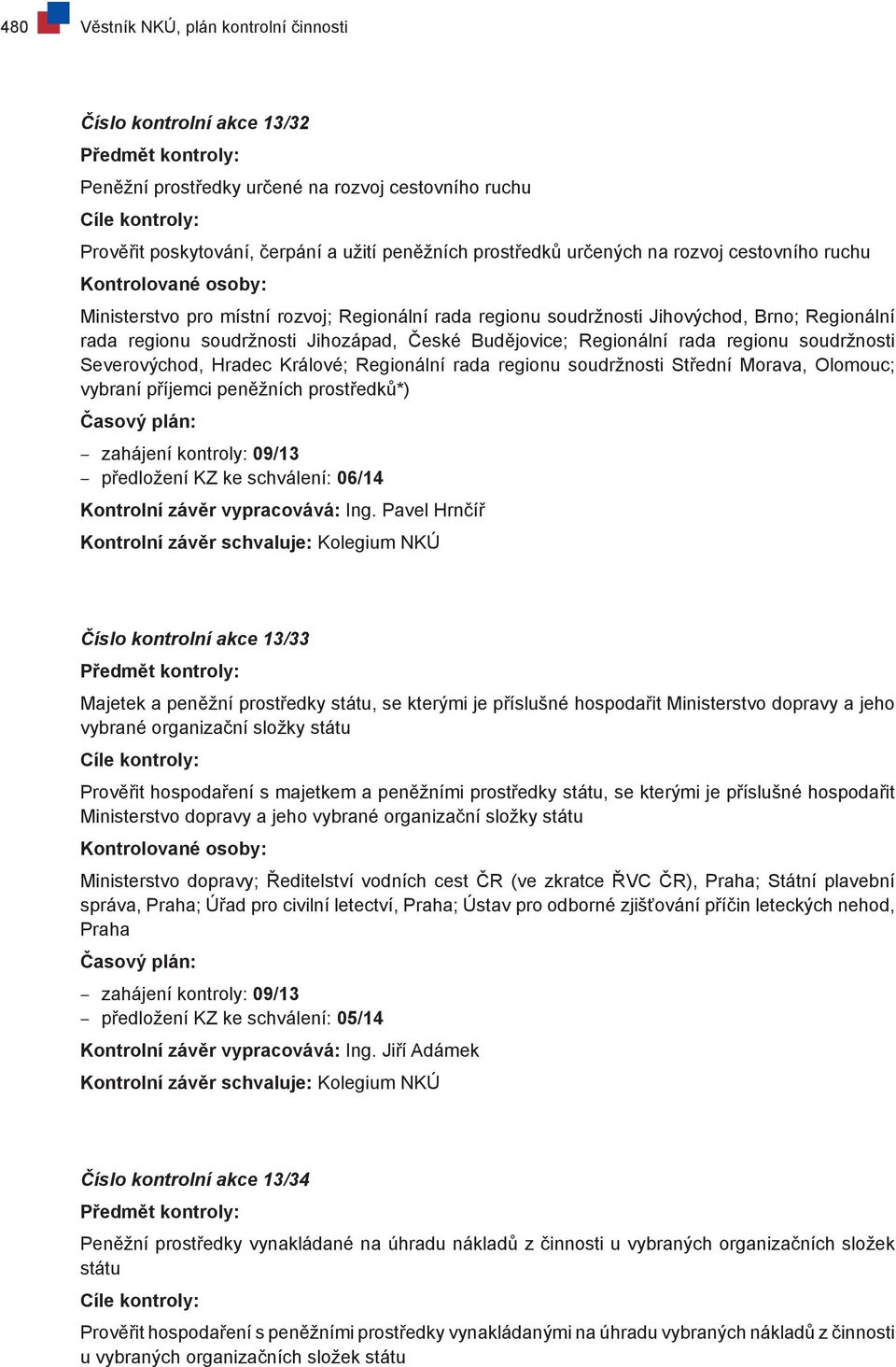 soudržnosti Severovýchod, Hradec Králové; Regionální rada regionu soudržnosti Střední Morava, Olomouc; vybraní příjemci peněžních prostředků*) zahájení kontroly: 09/13 předložení KZ ke schválení: