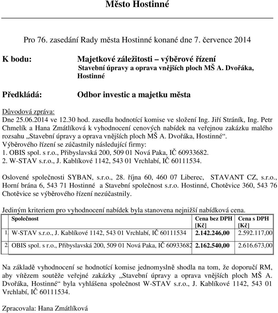 Výběrového řízení se zúčastnily následující firmy: 1. OBIS spol. s r.o., Přibyslavská 200, 509 01 Nová Paka, IČ 60933682. 2. W-STAV s.r.o., J. Kablíkové 1142, 543 01 Vrchlabí, IČ 60111534.