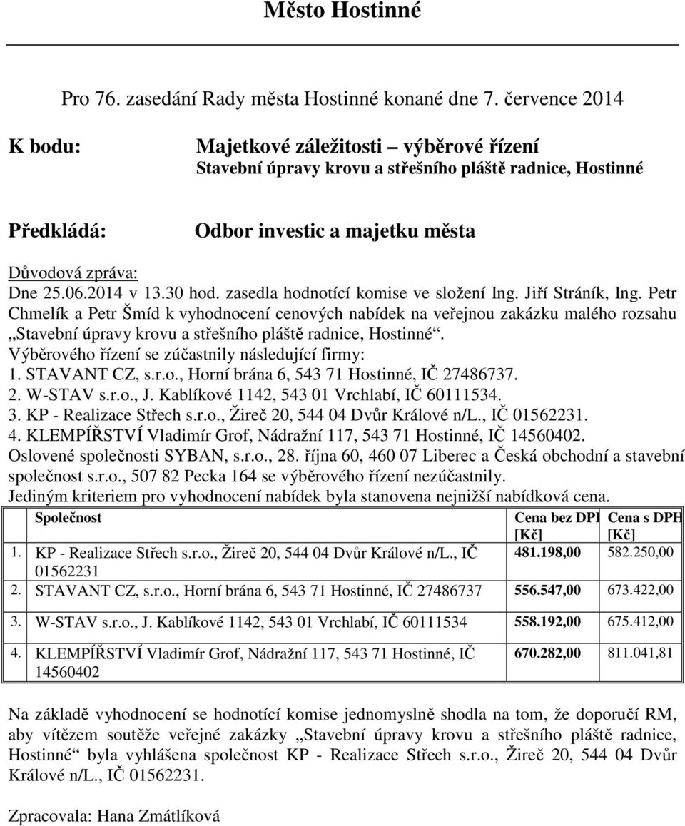 Výběrového řízení se zúčastnily následující firmy: 1. STAVANT CZ, s.r.o., Horní brána 6, 543 71 Hostinné, IČ 27486737. 2. W-STAV s.r.o., J. Kablíkové 1142, 543 01 Vrchlabí, IČ 60111534. 3.