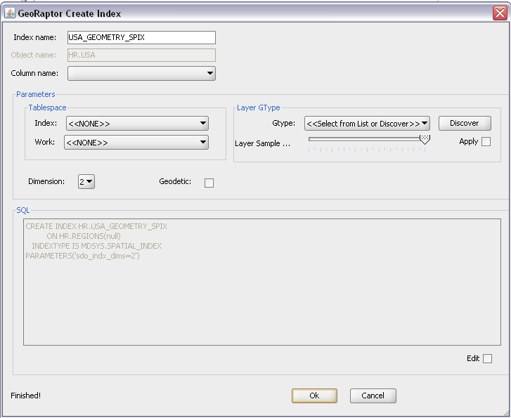 Obrázek 1 - SQL Developer s GeoRaptor extenzí Obrázek 2 - Vytvoření spatial indexu 5.