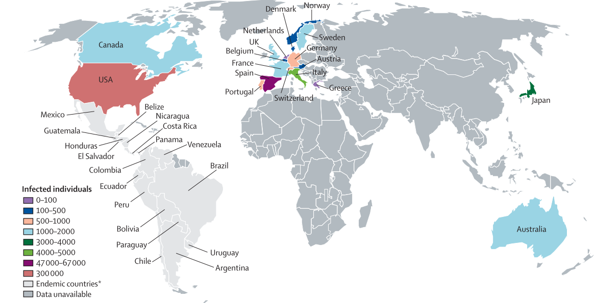 Obr. 10: Počty imigrantů žijících v neendemických oblastech (Rassi et al.