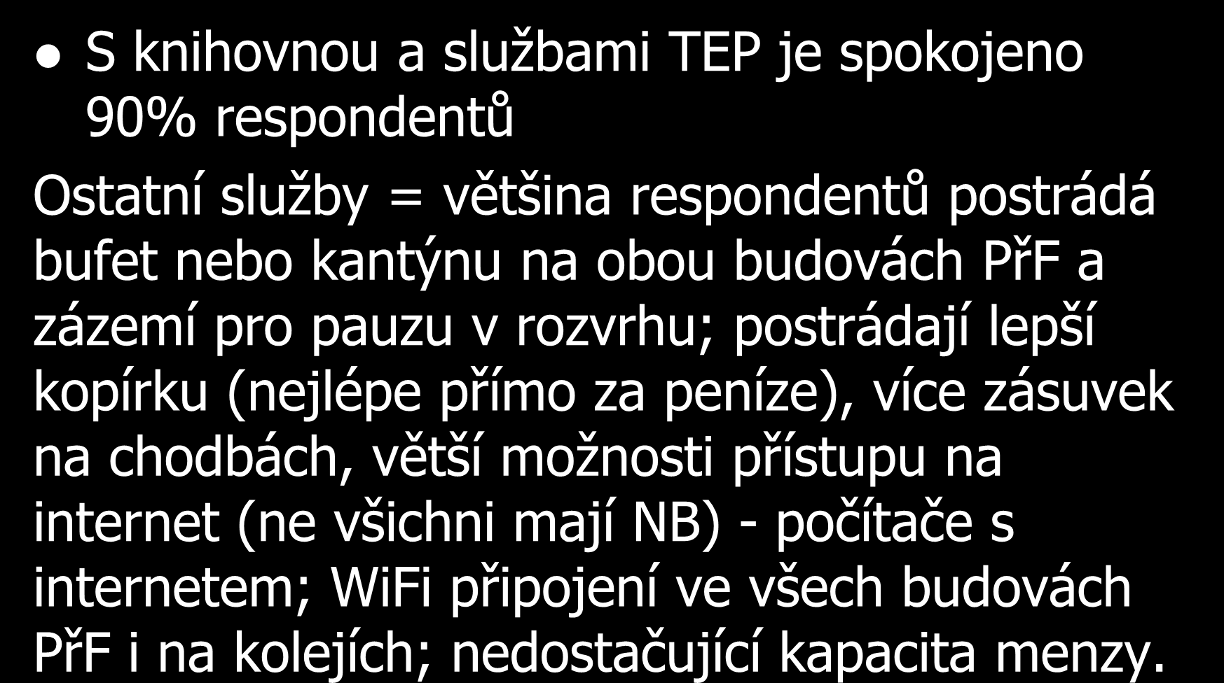 Služby školy S knihovnou a službami TEP je spokojeno 90% respondentů Ostatní služby = většina respondentů postrádá bufet nebo kantýnu na obou budovách PřF a zázemí pro pauzu v rozvrhu; postrádají