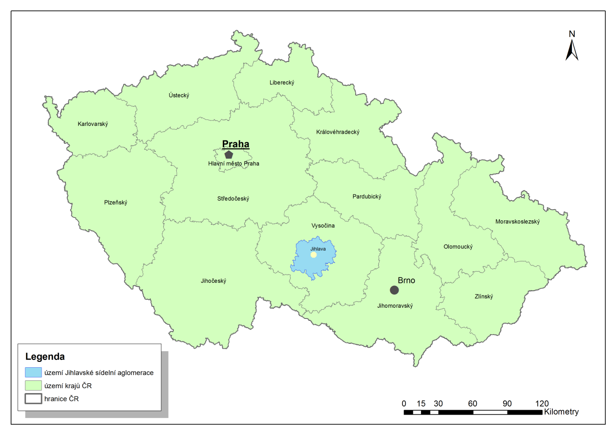 Obrázek 1 - Lokalizace Jihlavské sídelní aglomerace Vymezené území zaujímá plochu 903,68 km 2, což představuje necelých 13,2 % rozlohy Kraje Vysočina (6 795 km 2 ).