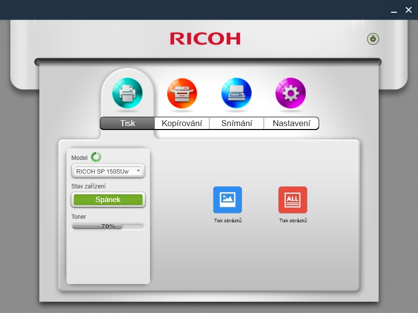 2. Verze pro Windows Spuštění programu 1. Program RICOH Printer spustíte kliknutím na ikonu na ploše počítače.