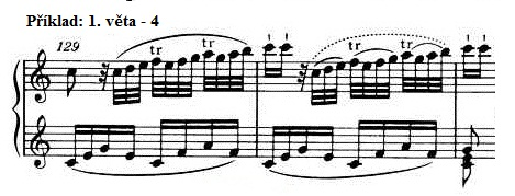 V mezivětě, která následuje po hlavním tématu je důležité poslední tři šestnáctiny 18. taktu hrát s nepatrným nádechem, aby skok o decimu dolů zněl elegantně a beze spěchu (Příklad: 1. věta - 2).