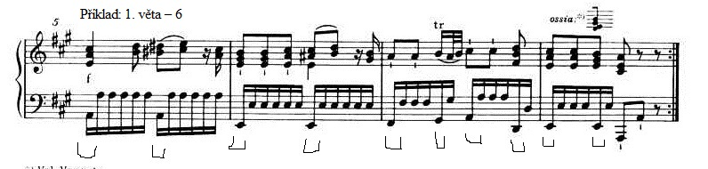 Na závěr prvních pět dob v taktu 17 je dynamika forte, ale na šestou dobu, která je jakoby předtaktím 18. taktu, je dobré zahrát subito piano, jako ozvláštnění konce tématu. (Příklad: 1.
