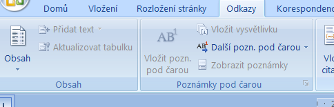 Obsah Vybereme záložku Odkazy a z ní nabídku Obsah Pokud v textu něco změníme, musíme obsah aktualizovat záložka