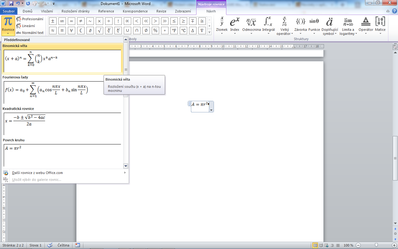 Editor rovnic Word 2010 a vyšší nabízí kompletně přepracovaný editor