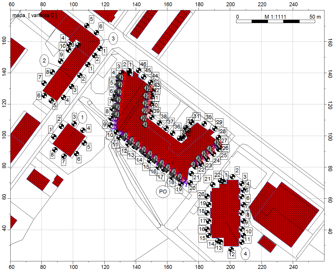 Obr. 11: Označení výpočtových bodů v hlukových mapách 2.