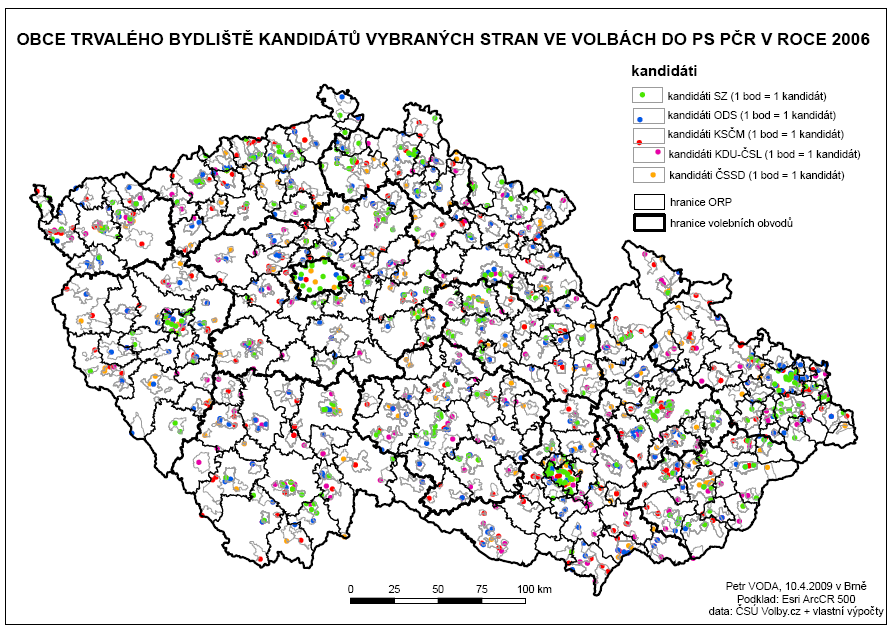 Mapa č. 1. Lokalizace obce trvalého bydliště kandidátů vybraných stran ve volbách do PS PČR v roce 2006. 5.