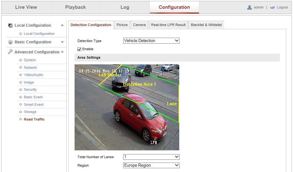 4. Dále je nutné povolit a nastavit detekci vozidel v menu Configuration -> Advanced Configuration -> Road Traffic -> Detection Configuration. 5.