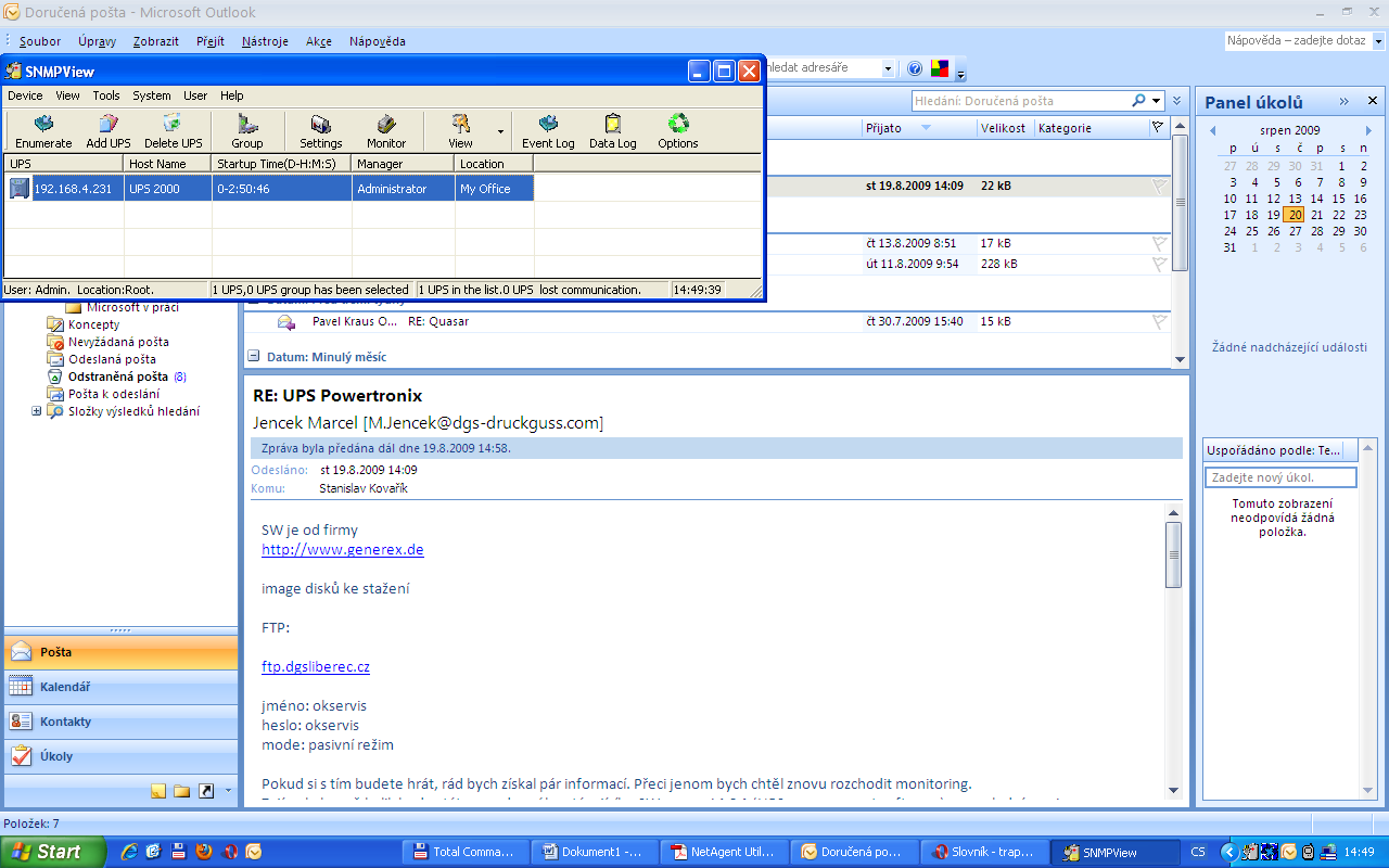 SNMPView Windows Based UPS Management Systém Po spuštění programu z nabídky Start je uživatel dotázán na uživatelské jméno a heslo. Přednastavené uživatelské jméno je Admin a heslo se nevyplňuje.
