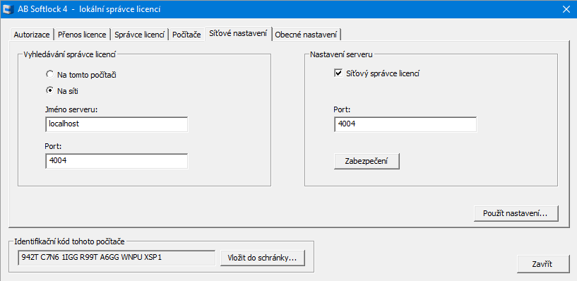 Nastavení čísla portu, přes který probíhá komunikace Softlocku (standardně je nastaveno číslo portu 4004) je možné zadat v poli Port v kartě Síťové nastavení.