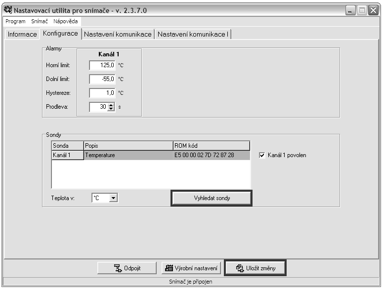 připojte se k přístroji pomocí programu TSensor a zkontrolujte měřené hodnoty.