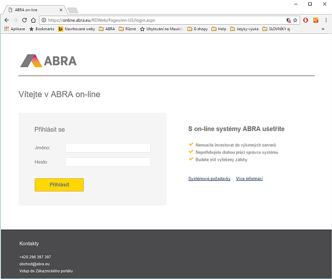 2. Zadejte vaše přístupové údaje do prostředí ABRA on- line a zvolte Přihlásit.