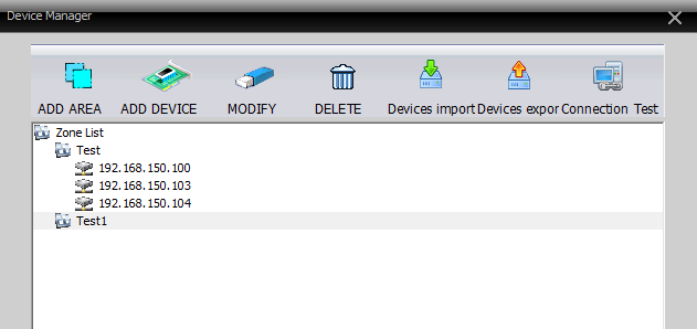 3 Klikněte na System, a poté Device Manager, poté ADD AREA (nova oblast umístěných kamer, např. kancelář, dům, sklad, apod.