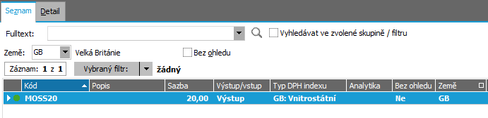 DPH SAZBY A INDEXY PRO ZEMĚ DODÁNÍ Pro každou zemi, kam je zboží dodáváno v režimu MOSS, je potřeba zadat DPH sazby a definovat pro tyto sazby DPH indexy (s typem indexu Vnitrostátní ).