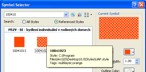 Vizualizace jevů ÚAP Při přiřazování symbolů třídám prvků (Properties Symbology) jsou uživatelské symboly z knihovny UAP viditelné v seznamu aktivních symbolů a je možné z nich vybírat