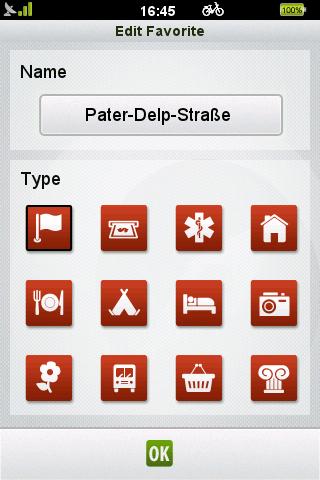 Při prvním stisknutí se zobrazí cesta na mapě. Detail Oblíbené položky na mapě Pro změnu názvu a typu stiskněte název v horní části obrazovky.
