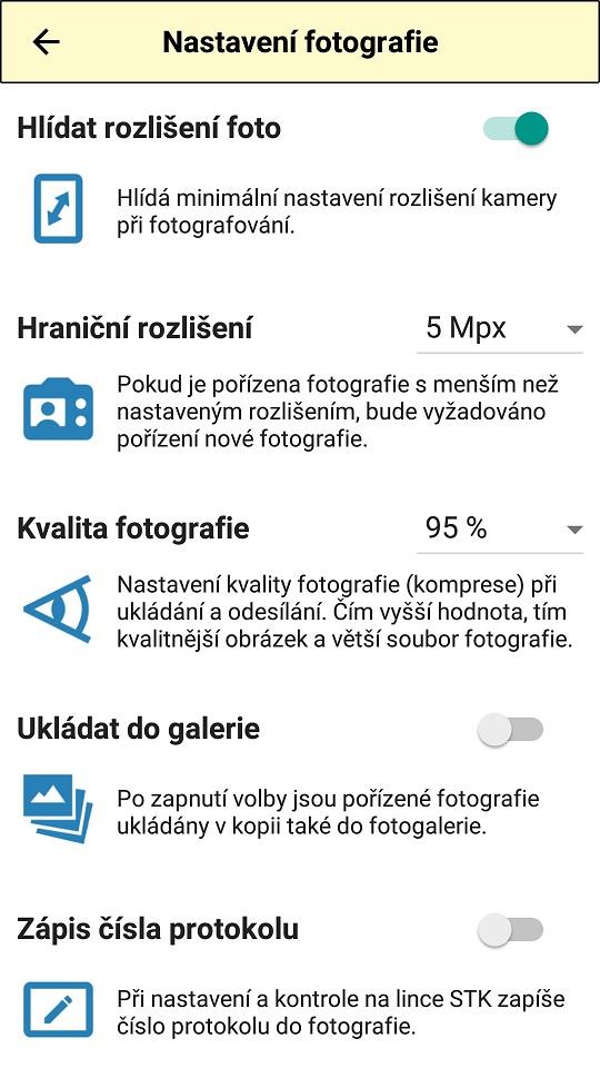 2.3.2 Fotografie V Instrukci pro STK č.4/2016 jsou v bodě 2.2 definovány požadavky na dokumentaci vozidla. Níže uvedené body umožňují nastavit aplikaci tak, aby splňovala uváděné požadavky. 2.3.2.1 Hlídání rozlišení fotografie Většina prodávaných mobilních zařízení splňuje požadavek na minimální rozlišení pořízené fotografie 5 Mpx.