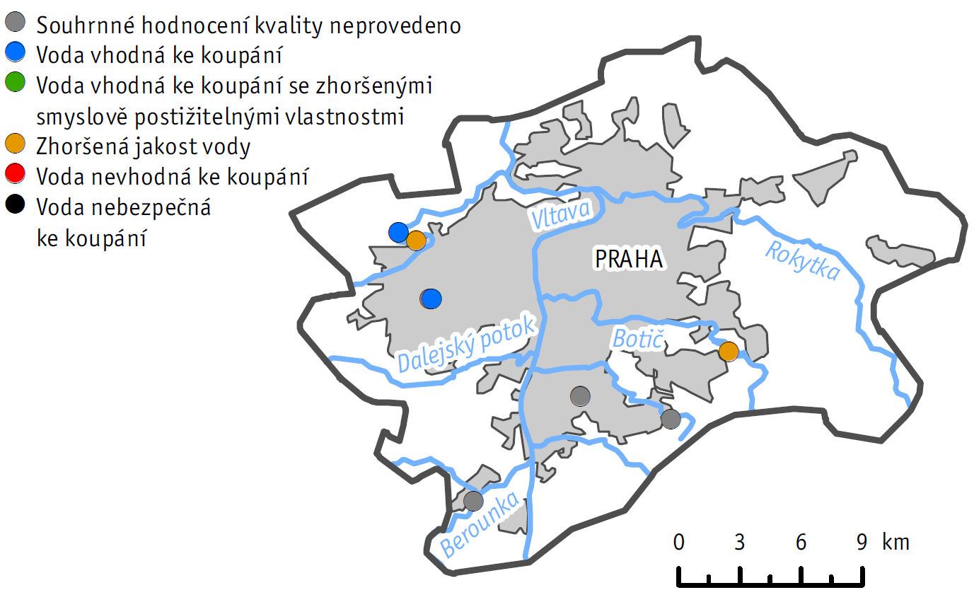 3 Voda 3.1 Jakost vody V Hl. m. Praha přetrvává znečištění povrchových i podzemních vod. Na většině profilů původní státní sítě sledování jakosti vody v tocích byla jakost vody klasifikována III.