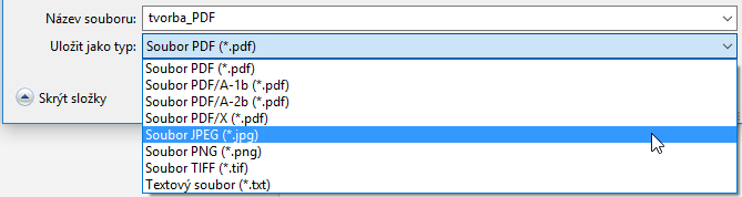 Před vytisknutím dokumentu je možné zvolit některý z přednastavených profilů. Více o možnostech nastavení je popsáno dále v návodu. Vybrané volitelné možnosti při generování PDF.