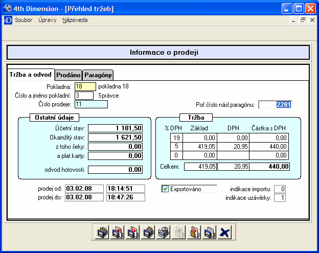 Jsou zde ještě informace: c informuje o stavu pokladny, zda požaduje import stavu pokladny, (za předpokladu, že indikace uzávěrky = 1), či nikoli.