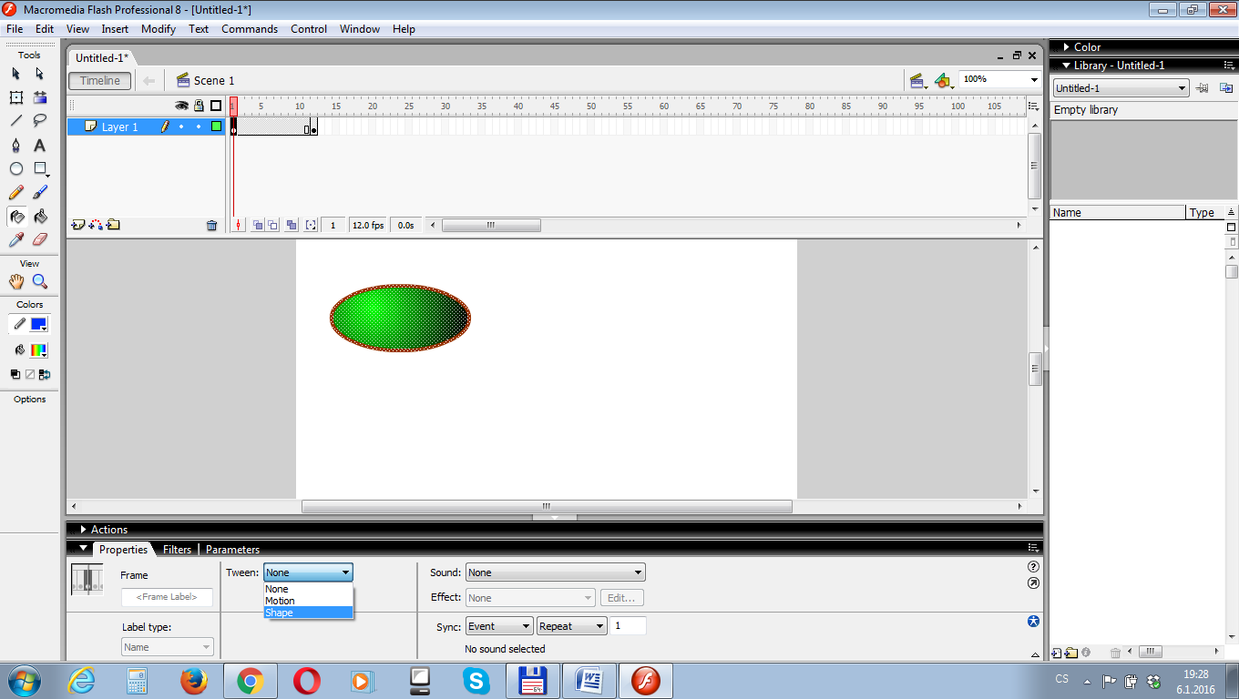 Druhy animace: Shape tween plynulá animace tvarů objektu (jeden objekt se plynule změní v jiný) Do dalšího snímku na časové ose např.
