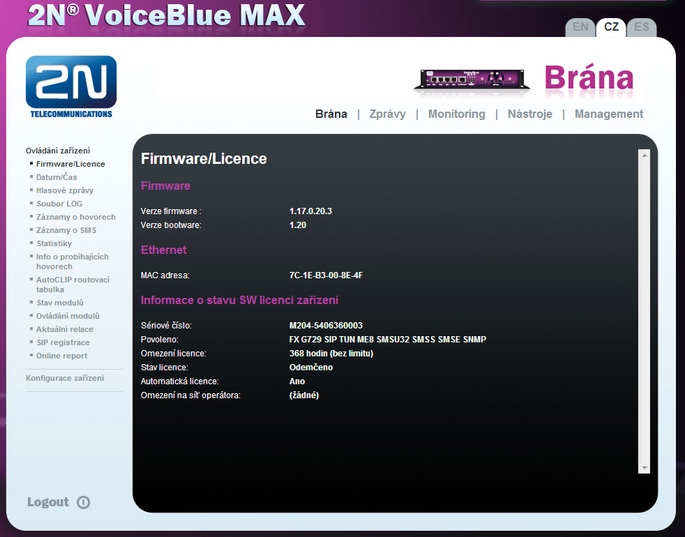 3.4.1 Gateway Control Tato část slouží k: Monitorování aktuálního stavu jednotlivých částí GSM brány Kontrola a nastavení licence GSM brány Prohlížení a uložení LOG souboru a informací o hovorech