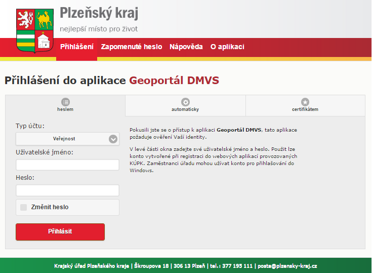 E. Přihlášení uživatele 1. V pravé horní části úvodní obrazovky Geoportálu http://geoportal.plzensky-kraj.cz klikněte na Přihlásit.