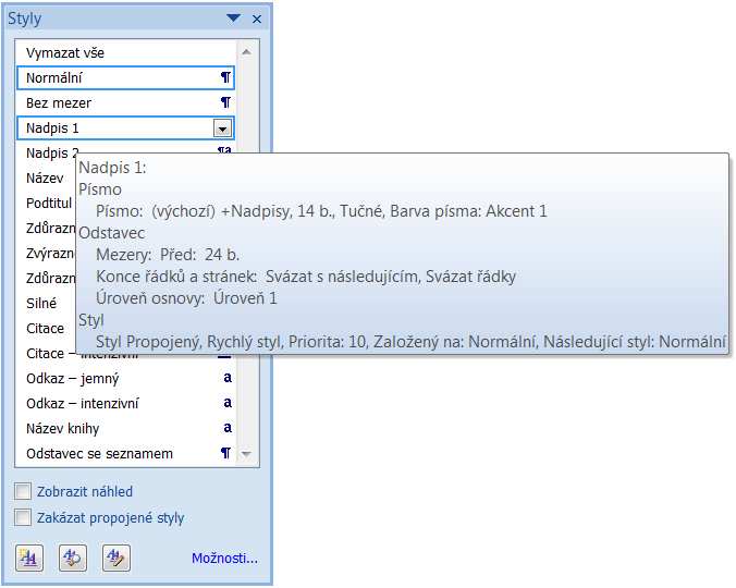 Použití stylů Pomocí stylů můžete snadno vytvářet dokumenty s jednotným vzhledem. Aplikace MS Word při práci s dokumentem sleduje (a ukládá) veškeré informace o formátování textu v okně Styly.