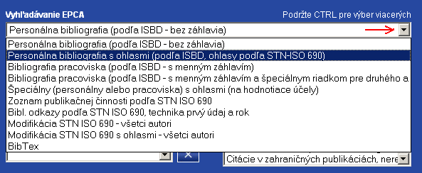 V IPACu jsou výstupy zapojeny na úvodní stránce (tlačítko EPCA výstupy ). Následná obrazovka obsahuje stejné omezující kriteria jako v klientovi.