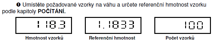 Aktualizace referenční hmotnosti Metoda aktualizace umožnuje přesné počítání kusu. Položíte-li na váhu známé množství kusu a poté přidáte další množství, váha zpřesní výpočet referenční hmotnosti.