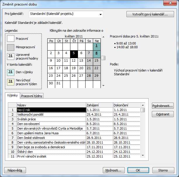 Kalendáře nastavujete na kartě Projekt, Změnit pracovní dobu (Change Working Time).