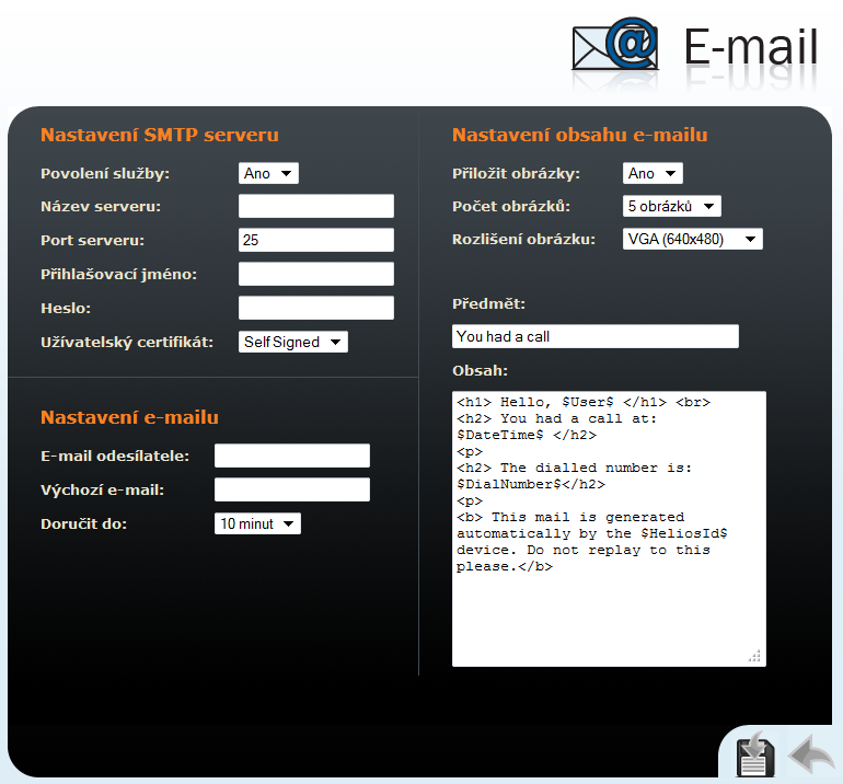 E-mail 2N Helios IP umožňuje v případě nezastižení volaného uživatele odeslat e-mail se zprávou obsahující základní informace o zmeškaném hovoru.