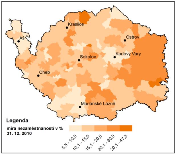 V časové řadě od roku 2004 je možno v Karlovarském kraji pozorovat příznivou klesající tendenci míry nezaměstnanosti, avšak jen do roku 2007.