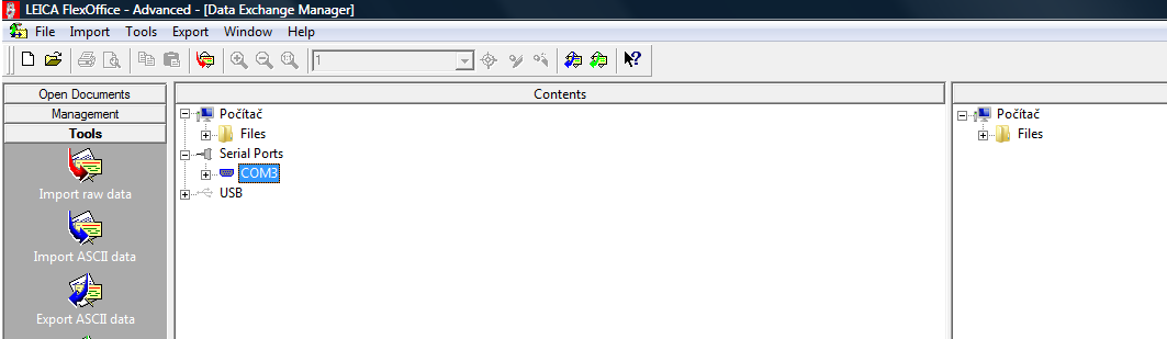 Po kliknutí na ikonu se otevře okno v jehož levé části se objeví mimo jiné i sériové porty počítače (Serial Ports).