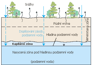 Podzemní vody podpovrchová voda - veškerá voda nacházející se pod povrchem půdy Srážková voda - infiltrující voda zůstává v mělké půdní vrstvě - do toků prosakováním z břehů - vsakování hlouběji -