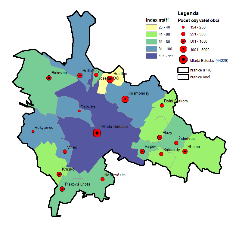 Mapa 3: Index stáří v obcích IPRÚ Mladá Boleslav Zdroj dat: SLDB 2011 2.