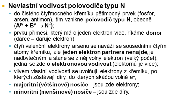 E) Nevlastní vodivost polovodiče u čistých čtyřmocných polovodičů je stále nedostatek