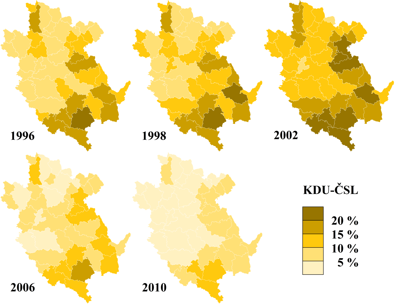 Obrázek 27: Vývoj volebních preferencí KDU - ČSL v letech 1996-2010 Zdroj: vlastní zpracování dat ČSÚ (mapový podklad GIS) Kompletní přehled volebních úspěchů Křesťanské a demokratické unie