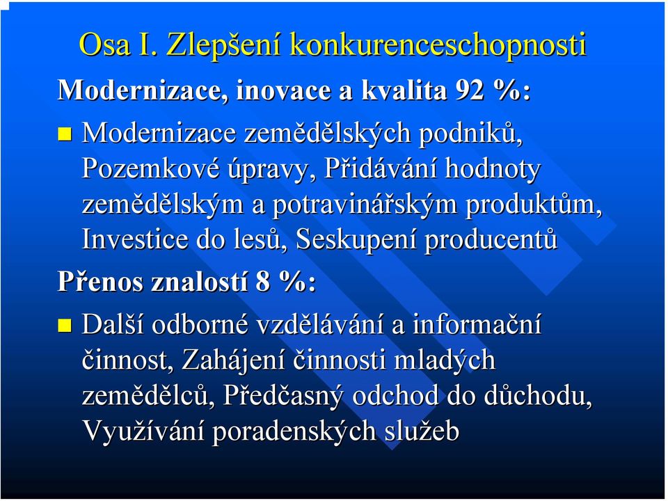 podniků, Pozemkové úpravy, PřidP idávání hodnoty zemědělským a potravinářským produktům, Investice do