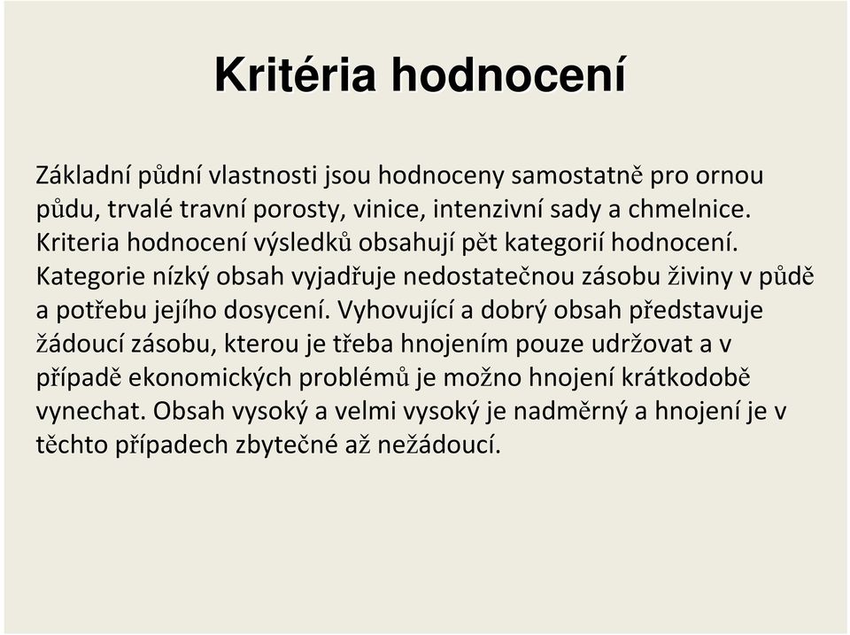 Kategorie nízký obsah vyjadřuje nedostatečnou zásobu živiny v půdě a potřebu jejího dosycení.