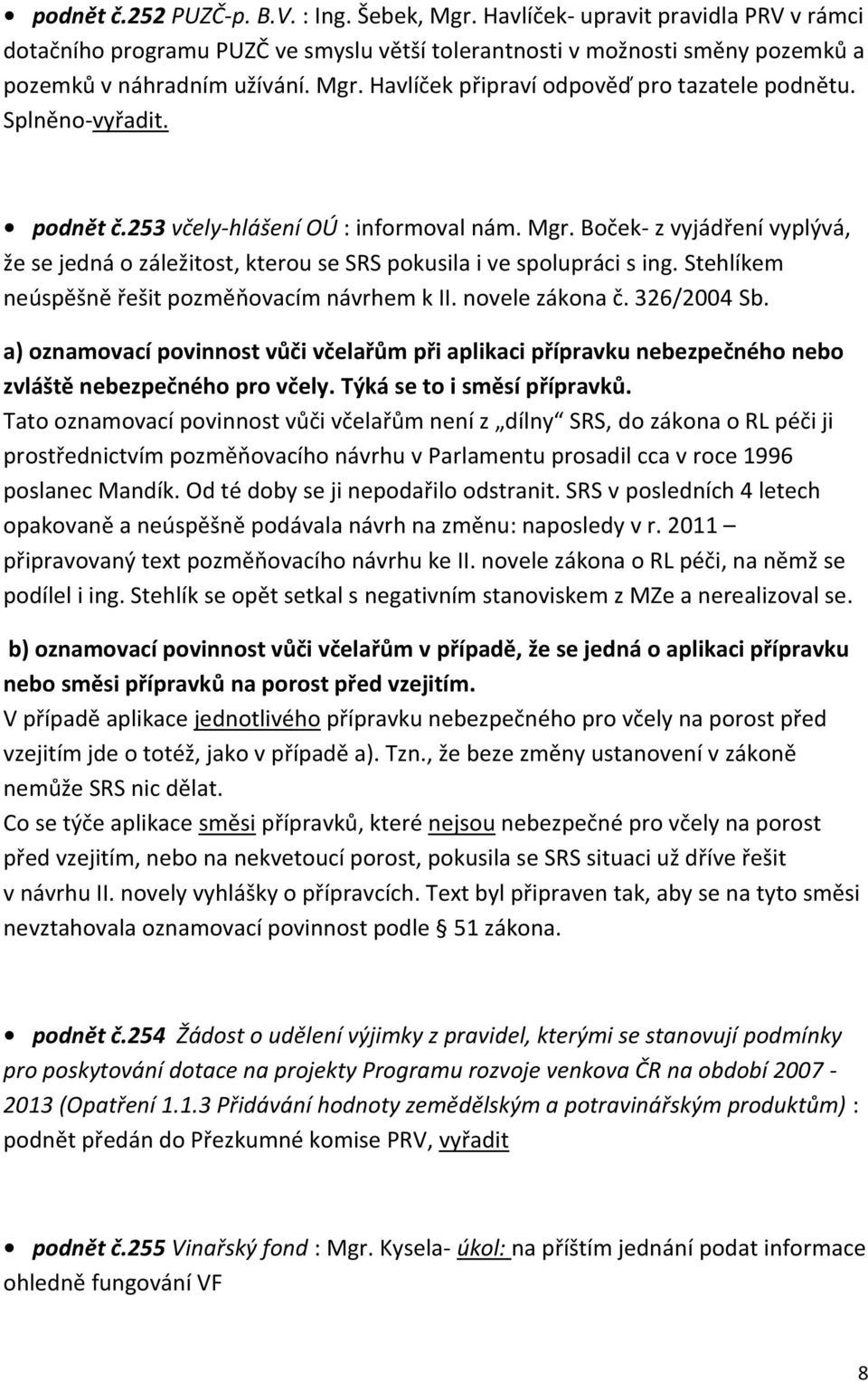 Stehlíkem neúspěšně řešit pozměňovacím návrhem k II. novele zákona č. 326/2004 Sb. a) oznamovací povinnost vůči včelařům při aplikaci přípravku nebezpečného nebo zvláště nebezpečného pro včely.